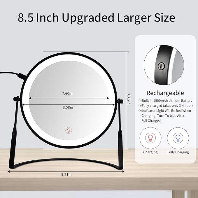 DOWRY 8.5'' Lighted Makeup Vanity Mirror with Magnification, Rechargeable 1x 10x Magnifying Mirror with 3 Color Light Brightness Adjustable, 360°Rotation Double Side Desk Cosmetic Mirror…