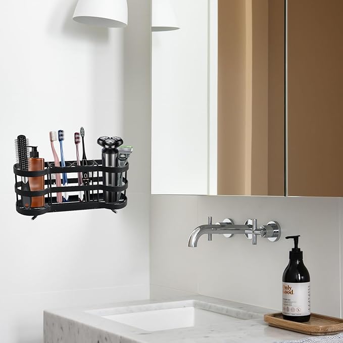 Wall Mount Toothbrush Holder for Shower Stainless Steel Toothbrush Stand, Self-Adhesive Wallmount/Countertop 4 Slots Bathroom Accessories Organizer (Black 1)