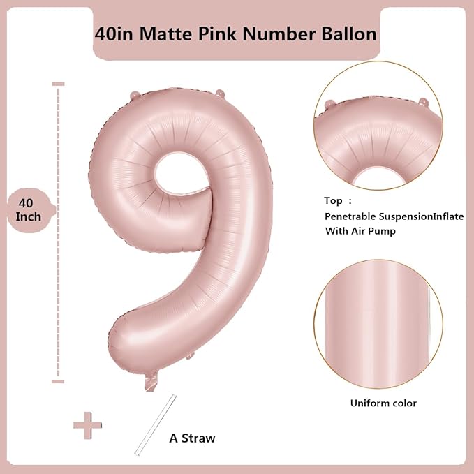 40 inch Pink Number Balloon Light Pink 9 Balloon Matte pink Number 9 Balloon for 9th Birthday Party Decorations