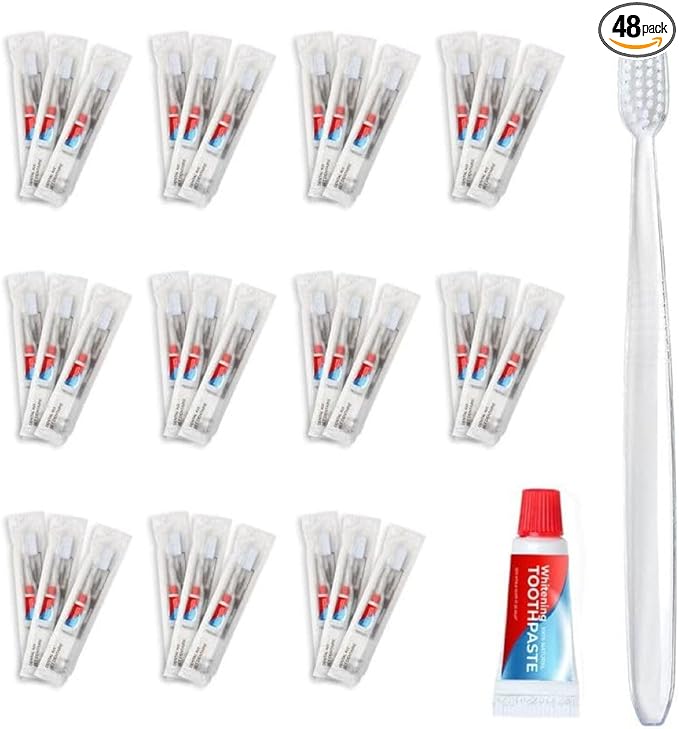 World Amenities - Bulk Disposable Dental Kit Bundle with Toothbrush and Toothpaste | 48 Count | Individually Wrapped - Travel Size Toiletries, Guest Hotel Amenities