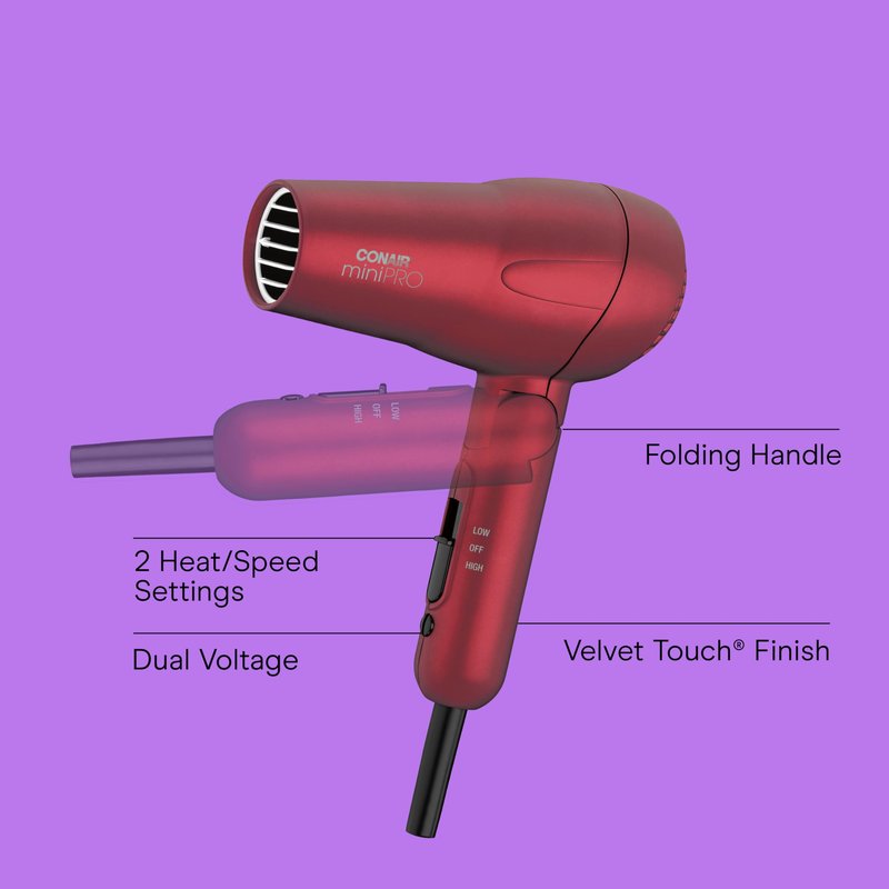 Conair Mini Pro Hair Dryer, Travel Hair Dryer with Folding Handle, Red