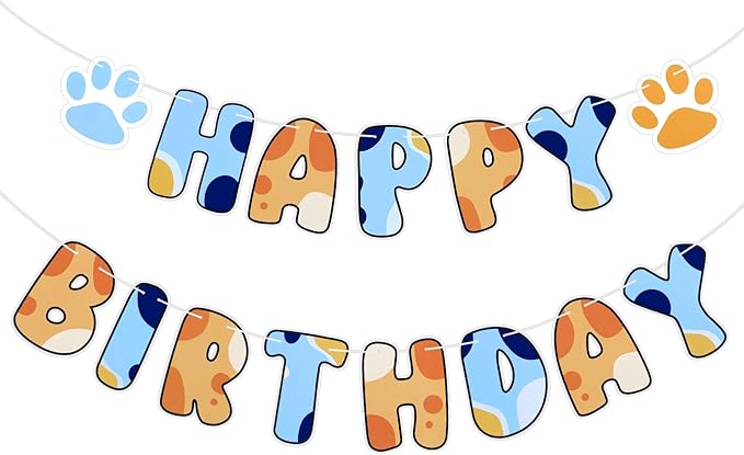 Blue Dog Birthday Party Supplies, Blue and Orange Banner Dog Happy Birthday Banner Party Decorations for Decoration Centerpieces