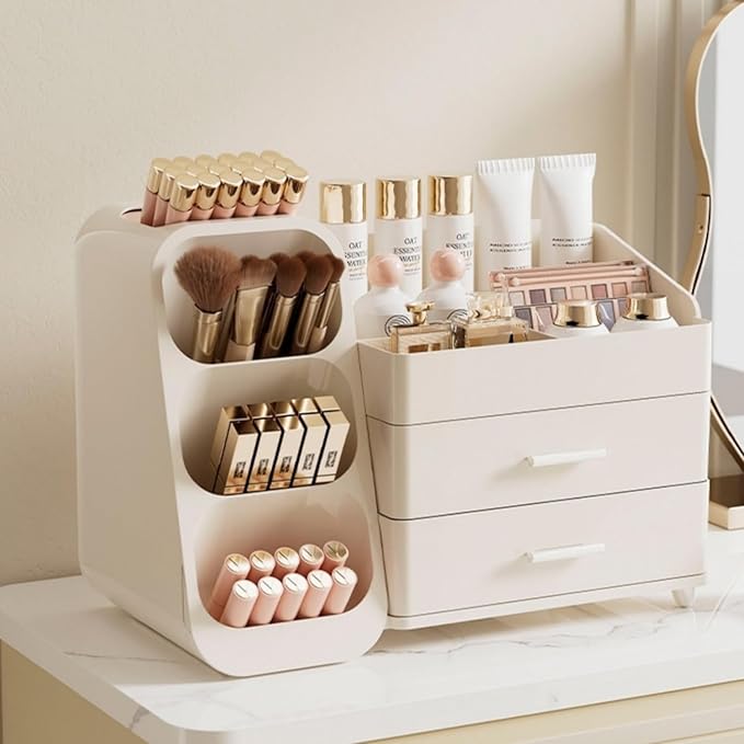 Makeup Organizer with Drawers,Large Capacity Countertop Organizer for Vanity,Bathroom and Bedroom Desk Cosmetics Organizer,Easy To Storage Skincare,Brushes,Lotions,Lipstick (All Cream)