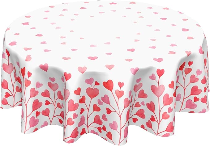 Valentine's Day Round Tablecloth 70 Inch Heart Pattern Circle Table Cloth Pink and White Table Cover Washable Polyester Indoor Decorations for Home Kitchen Dinning Party