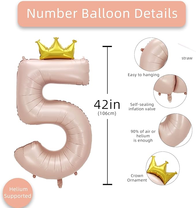 AULE 40 Inch Big Pink 5 Balloon Number with Crown Large Foil Helium Number Balloons 0-9 Jumbo Giant Happy 5th Birthday Party Decorations Huge Mylar Anniversary Party Supplies