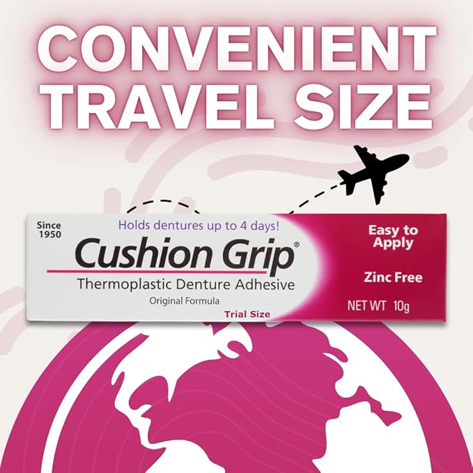 Cushion Grip Thermoplastic Denture Adhesive, 0.35 oz (Travel Size) | Refits and Tightens Loose Dentures for Up to 4 Days | Non-Glue, Zinc-Free, Waterproof Formula, Acts Like a Soft Reliner