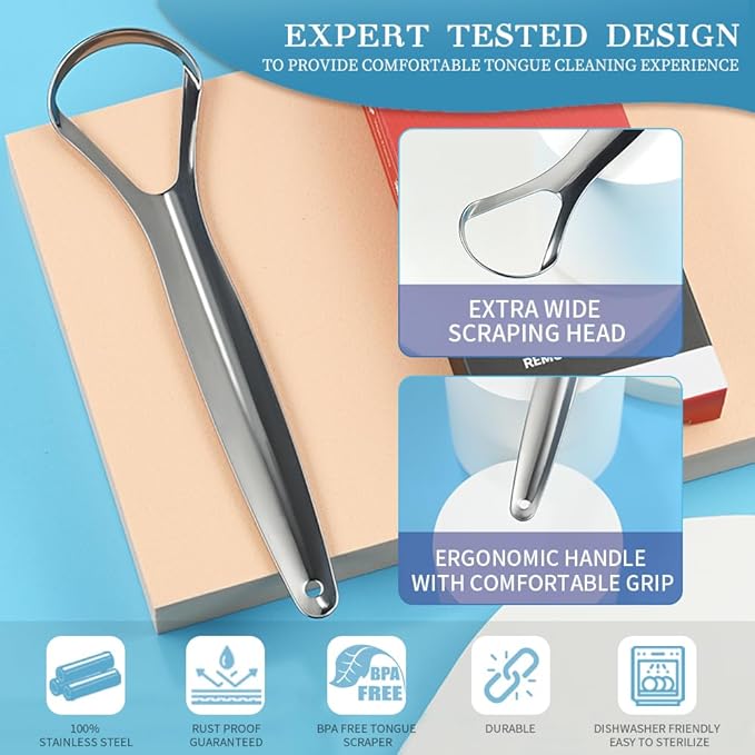 VIWIK Tongue Scraper for Adults, 100% Stainless Steel Tongue Cleaner - 6 Pack Hygienic Oral Care Tools, Bad Breath Remover & Tongue Brusher for Family Dental Hygiene Kit