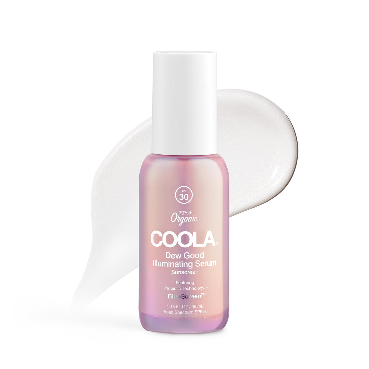 COOLA Organic Dew Good Illuminating Probiotic Serum with SPF 30, Dermatologist Tested Sunscreen with Plant-Derived BlueScreen Digital De-Stress Technology, 1.15 Fl Oz
