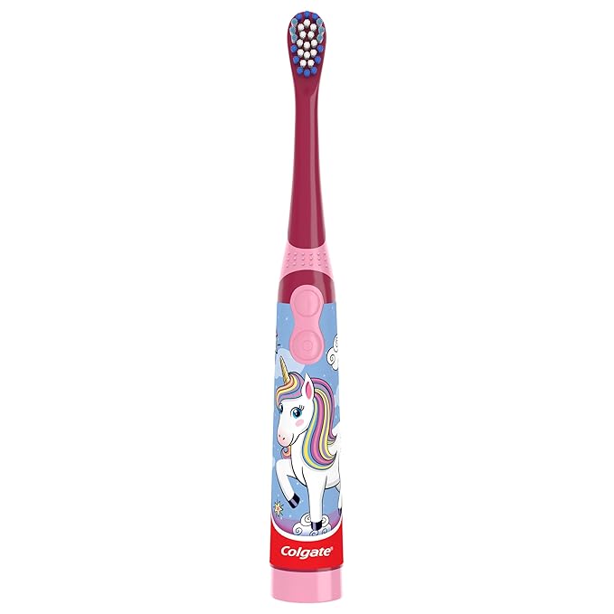 Colgate Kids Battery Powered Toothbrush, Kids Battery Toothbrush with Included AA Battery, Extra Soft Bristles, Flat-Laying Handle to Prevent Rolling, Unicorn Toothbrush, 1 Pack
