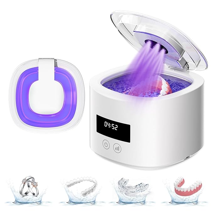 Ultrasonic denture cleaner, Retainer Cleaner Machine for Dentures, Mouth Guards, Braces, Toothbrush Heads, Jewelry, 45kHz Retainer Cleaning, 3 Modes for All Denture Appliances (White)