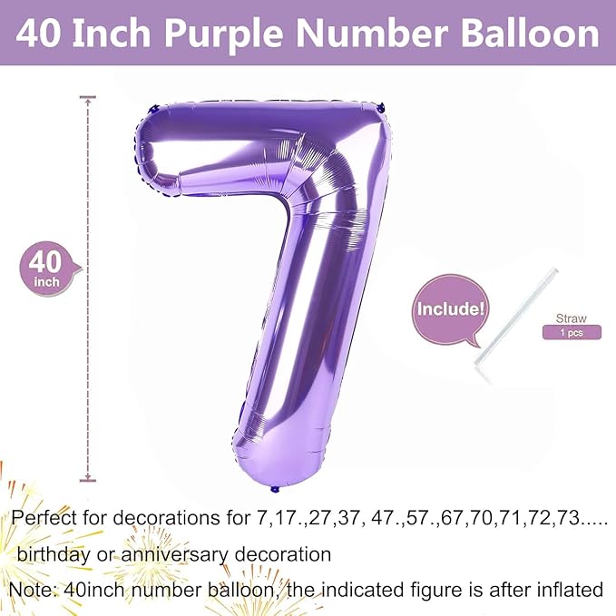 Purple Number Balloons, 40 Inch Purple Balloon 7.7 Helium Balloon 7th Birthday for 7 Years Birthday Decoration Children Girls Boys
