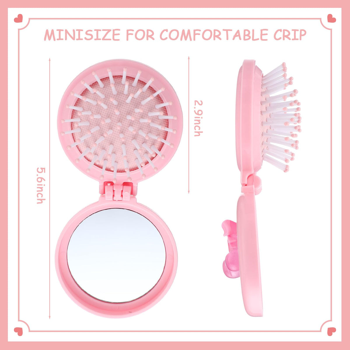 LemonRoad 24 Pack Foldable Travel Mirror Hair Brushes, Mini Mirror Comb, Round Portable Folding Pocket Hairbrush, Compact Small Size Massage Comb, Coquette Bow Party Favor for Women (Pink)