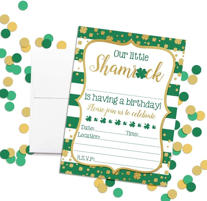 Our Little Shamrock St. Patrick’s Day Birthday Party Invitations, 20 5x7 Fill In Cards with Twenty White Envelopes by AmandaCreation