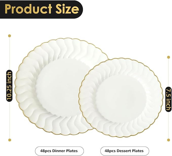 Lullaby 96PCS Ivory Scalloped Plastic Plates with Gold Rim, Disposable Elegant Plates Include 48pcs Dinner Plate 10.25", 48pcs Dessert Plate 7.5", Perfect for Daily Use, Wedding and Party