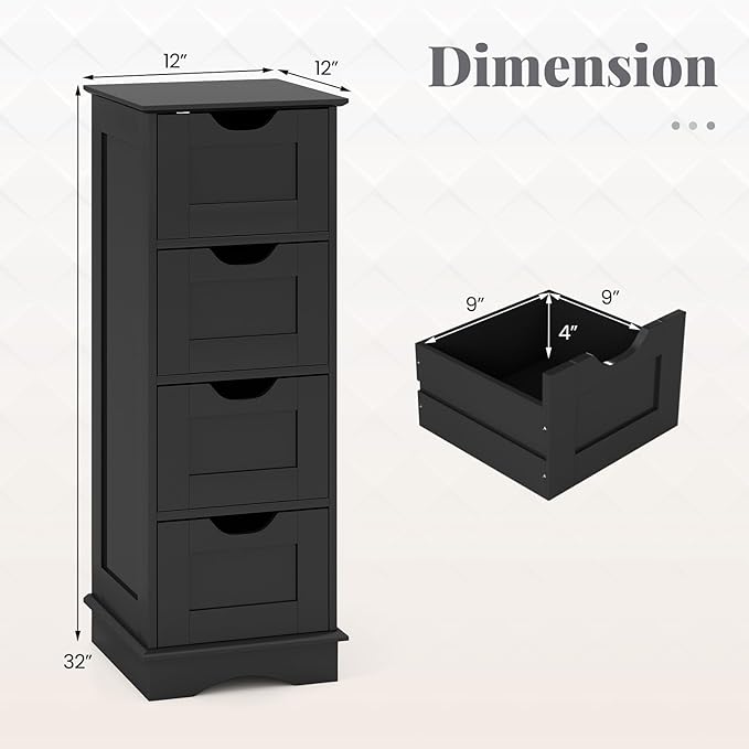 Giantex Bathroom Storage Cabinet with 4 Drawers, 32" Freestanding Storage Organizer Unit with Cutout Handles, Anti-Tipping Device, Narrow Floor Cabinet for Hallway, Living Room, Entryway (Black)