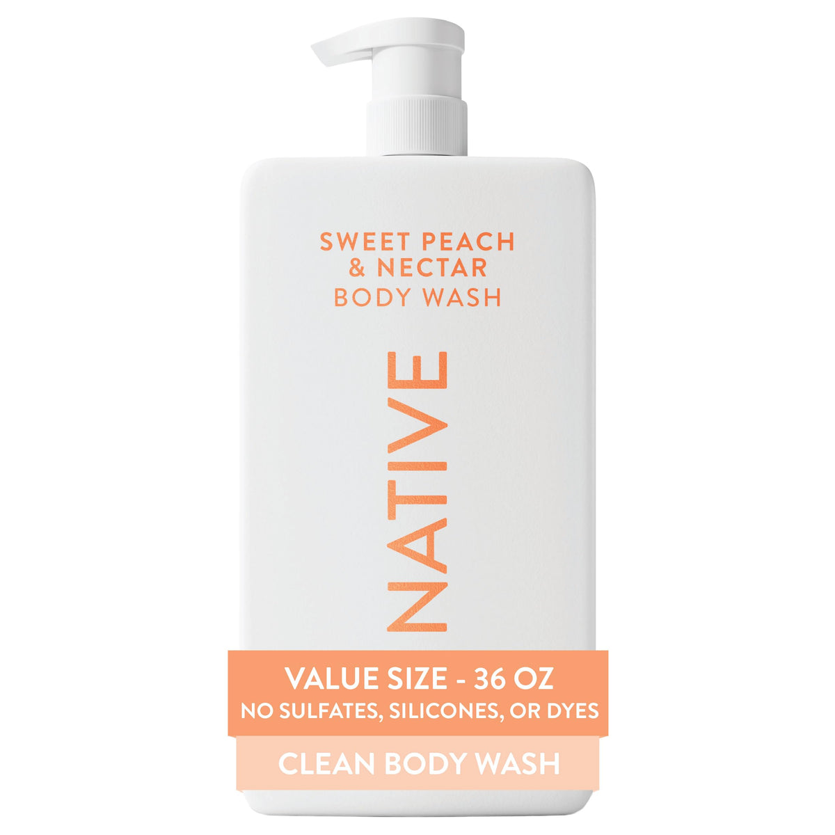Native Body Wash for Women & Men, Sweet Peach & Nectar, 36 oz Pump Bottle, Sulfate-Free & Gentle