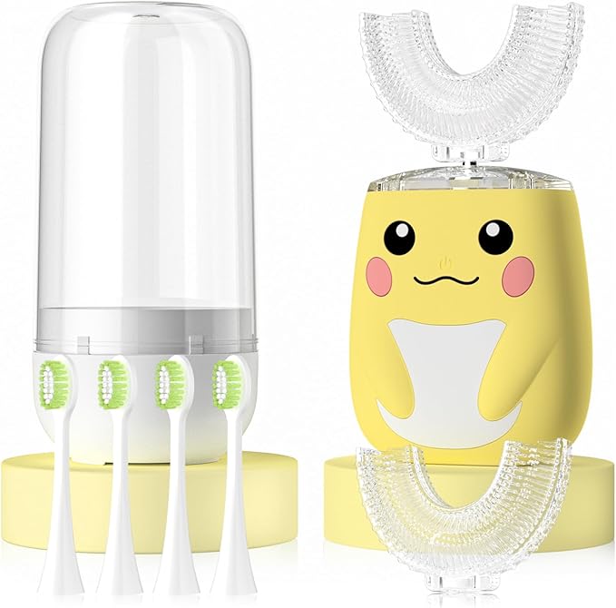 Kids Electric U Shaped Toothbrush Children Rechargeable Sonic Toothbrush with 6 Soft Brush Head Automatic Full Mouth 6 Cleaning Modes -Age2-7 Yellow