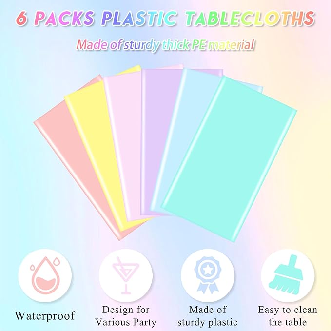 mwellewm 6 Pcs Easter Tablecloth Party Decorations Pastel Table Cloths Plastic 54x72 Inch Rainbow Tablecloth Disposable Rectangle Table Cover for Birthday Baby Shower Wedding Princess Ice Cream