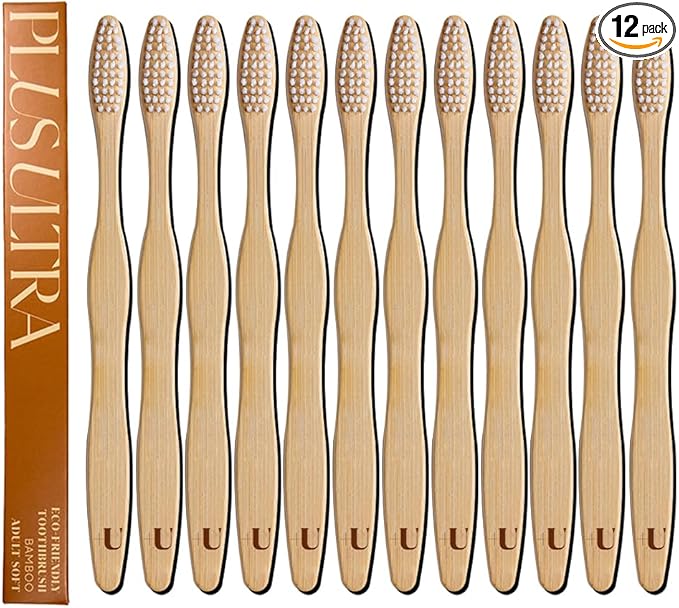 Biodegradable and Eco-Friendly Bamboo Toothbrush 12-Pack - BPA Free Soft Bristle - Dentist-Approved and All-Natural Toothbrush with Logo Etched on Handles by Plus Ultra