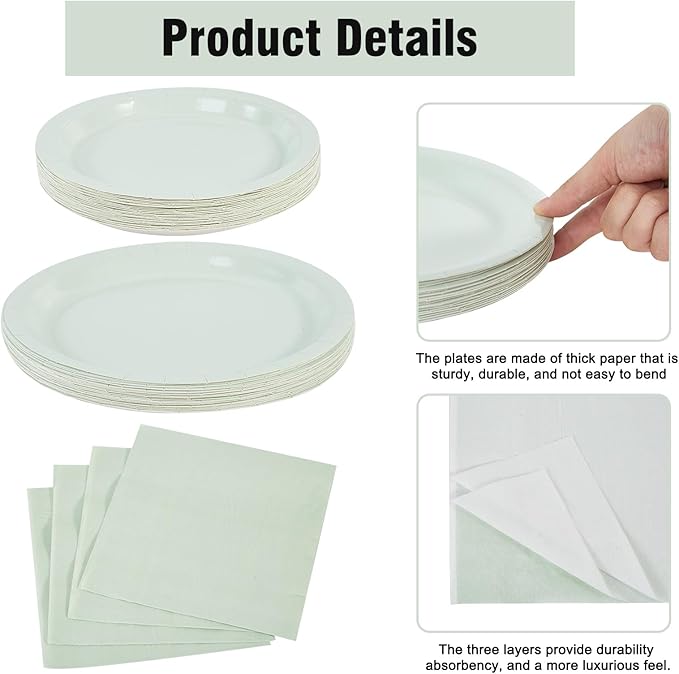 Ottin 169PCS Sage Green Party Supplies for 24 Guests – Disposable Paper Plates, Napkins, Cups, Forks, Knives, Spoons & Tablecloth for Birthday, Wedding, Halloween, Thanksgiving, Christmas, New Year