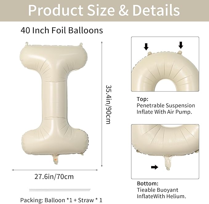 Biapian 40 Inch Letter I Balloon, Giant Cream Foil, Big Single Alphabet A-Z, Beige Large Aluminum for Birthday, Baby Shower, Wedding, Anniversary Party Decoration