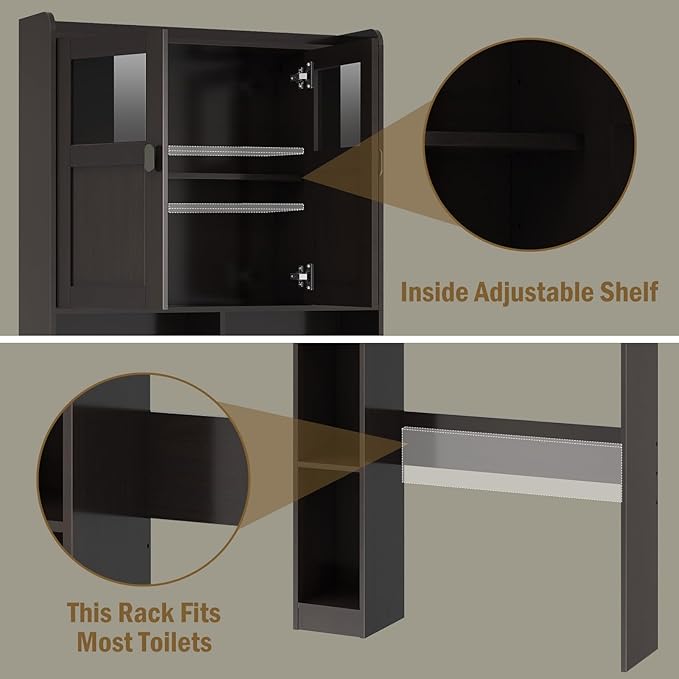 Vabches Over The Toilet Storage Cabinet, Bathroom Shelf Over Toilet with Glass Doors and Adjustable Shelves, Espresso Freestanding Home Space Save Toilet Rack for Restroom, Bathroom, Laundry