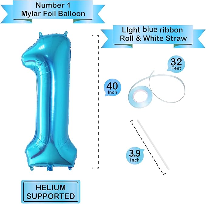 40 Inch Blue Number Balloons, Helium Mylar Foil Number Balloons for Birthdays, Number 1 Balloon for Party Wedding Bachelorette Birthday Bridal Shower Graduation Anniversary Celebration Party