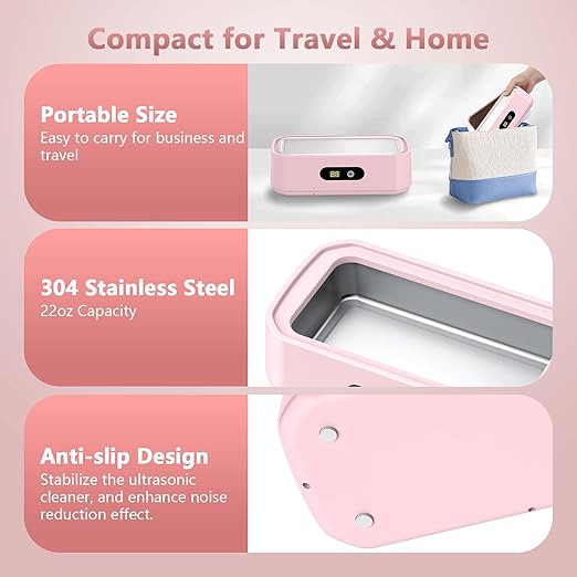 2025 Upgrade Large Capacity Ultrasonic Cleaner, 50Khz Ultrasonic Cleaner Machine with 5 Modes Timer for Glasses Dentures-304 Stainless Steel Tank, Pink