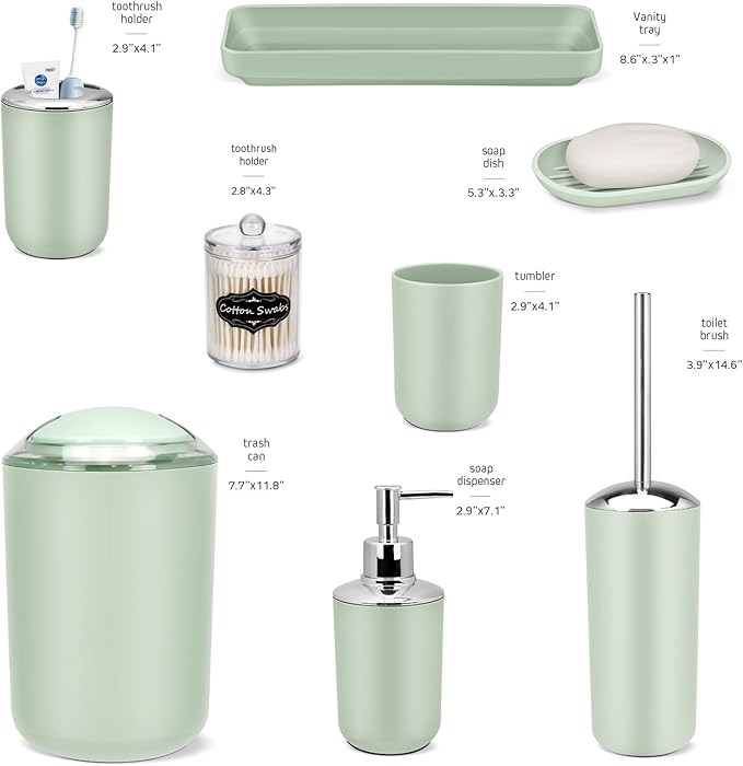 IMAVO Bathroom Accessories Set,Green Bathroom Set,9 Pieces Bathroom Accessory Set,Tray,Qtip Holders,Toilet Brush,Trash Can for Bathroom Décor and Home Gifts