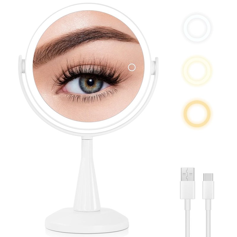 LUKYMIRO 1X 10x Magnifying Mirror with Lights, Double Sided 8" Lighted Makeup Mirror, Rechargeable, 360 Degree Rotation, White Plastic Frame, 8.6" L x 8.6" W x 13.8" H, Modern, Bathroom, Beauty, Home