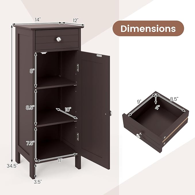 LOKO Bathroom Floor Cabinet, Modern Single Door Storage Cabinet with Drawer & Adjustable Shelves, Corner Narrow Storage Organizer for Living Room, Entryway (Brown)