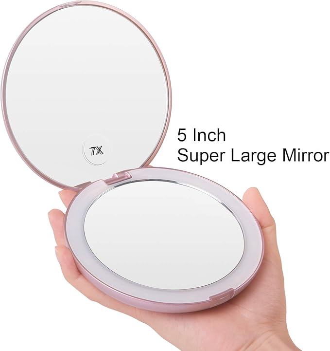 Gospire 5" Lighted Travel Makeup Mirror 1X/7X Magnifying Double Sided, Super Large LED Compact Portable Handheld Pocket Illuminated Cosmetic Vanity Mirror with Battery for Makeup Bag