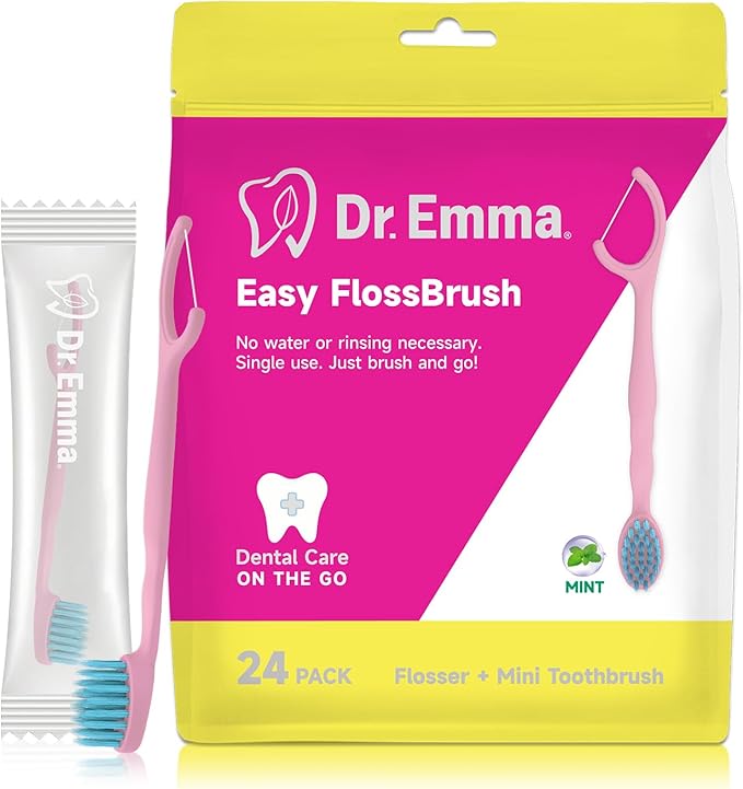 Dr. Emma Mini Brush Disposable Toothbrushes with Floss, Travel Mint Toothbrush for On-The-Go Use, 24 Packs Individually Wrapped Small Portable Toothbrush, Pink