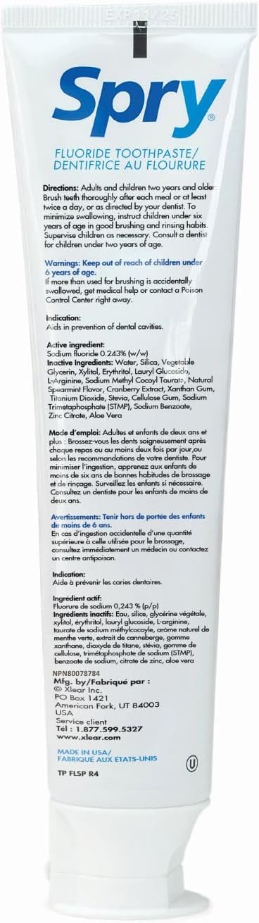 Spry Natural Xylitol Toothpaste 5oz for Adults and Kids with Fluoride, Gentle for Sensitive Teeth Whitening and Remineralizing, Breath Freshening, Mouth Moisturizing, Spearmint (Pack of 6)