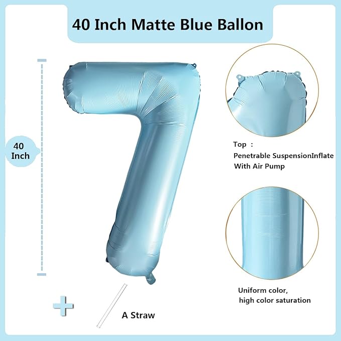 40 Inch Matte Blue 7 Number Balloons Light Blue Number 7 Foil Balloon Mylar Helium Balloon for Birthday Party Decoration Wedding Anniversary Supplies (Number 7)
