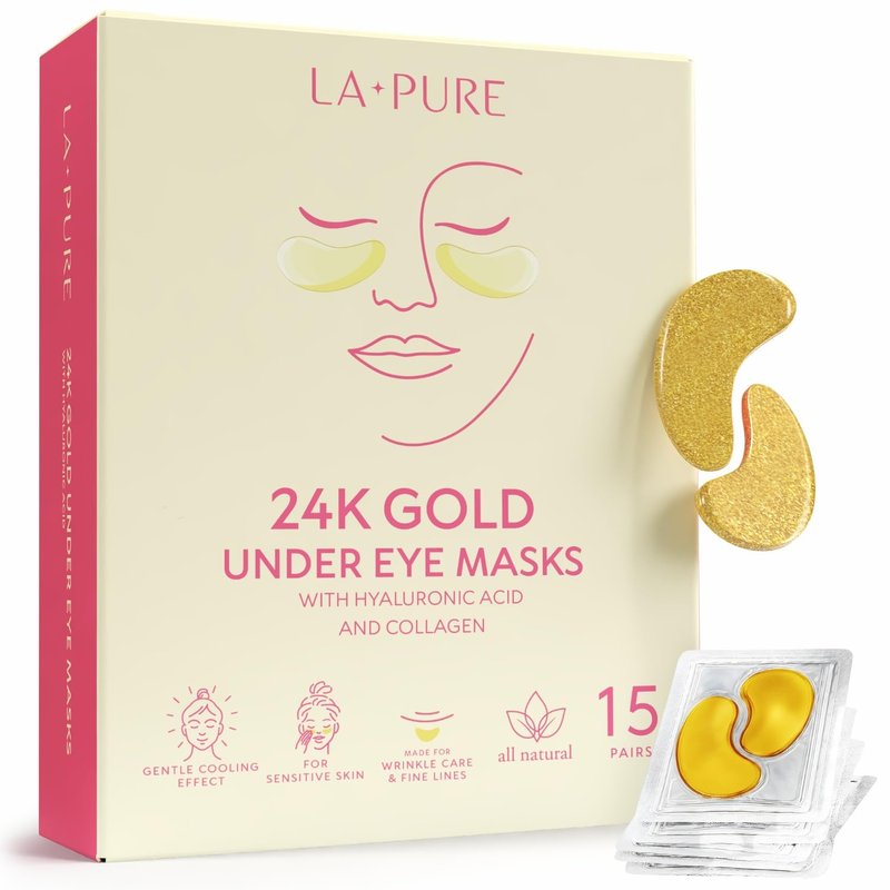 LA PURE 24k Gold Under Eye Patches for Puffy Eyes and Dark Circles, Revitalizing & Non-Irritating Anti Aging Eye Masks with Hyaluronic Acid & Collagen - Dermatologically Tested - 15 Pairs Eye Gel Pads