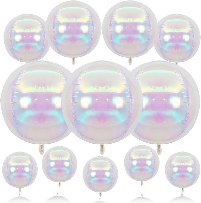 Biapian 12 Pcs Iridescent Foil Balloons, 22" 15" 10" 4D Clear Ball Shape Balloons, Different Size Holographic Balloons Transparent for Little Mermaid Birthday Wedding Sea Baby Shower Party decorations