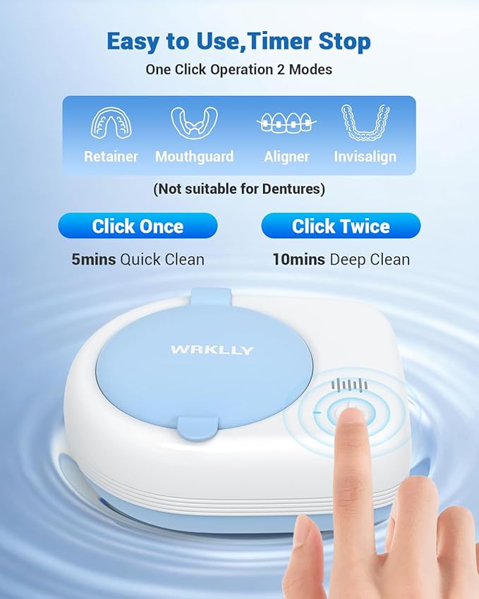 Rechargeable Ultrasonic Retainer Cleaner Machine | 50kHz 1.9 inch Ultra-Thin Portable | Night Guard Aligners Jewelry |6pcs Cleaner Tablets Included | Quick & Deep Clean Modes | Oral Dental Care