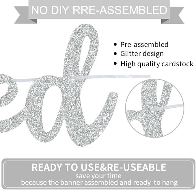 BEISHIDA Silvery Just Married Banner - NO DIY, Glitter Wedding Party Banner,Just Married Signs, Bachelorette/Bridal Garland,Engagement Party Decor Supplies, Wedding Reception Party Decorations.