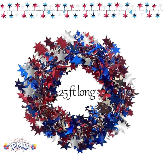 PMU 25 Ft Patriotic Star Garlands with Wire, Shiny Metallic Garland for 4th of July, National Day, Independence Day, Red,Silver and Blue