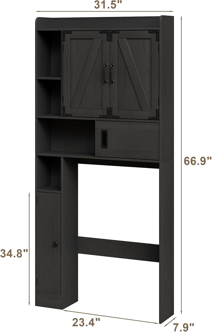 ChooChoo Over The Toilet Storage Cabinet, Farmhouse Bathroom Shelf Over Toilet with Adjustable Shelves, Above Toilet Storage Cabinet with Sliding Door for Bathroom, Laundry Room, Black