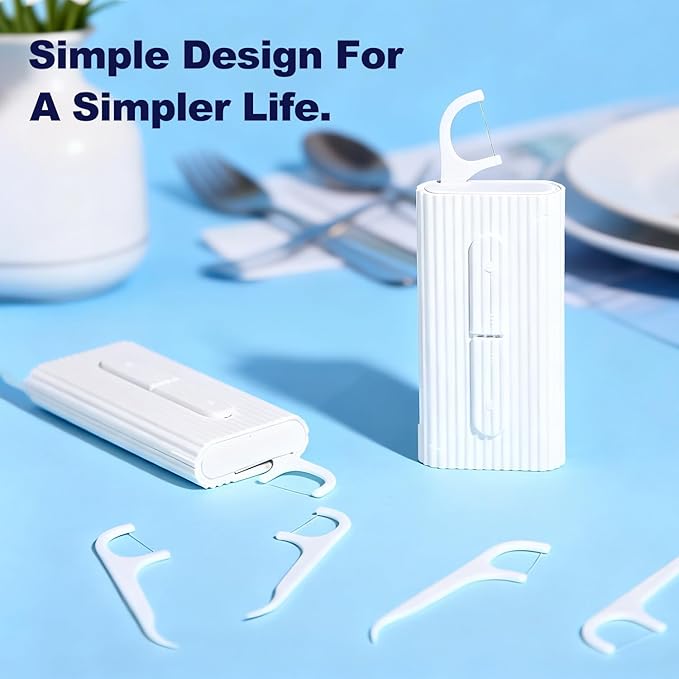 3 Bags of Dental Floss Picks & Dental Floss Case: Pop-Up Floss Pick Dispenser and Refill Bags, Portable Travel Organizer Case & Bulk Dental Floss Picks for Home and Travel Teeth Cleaning, White