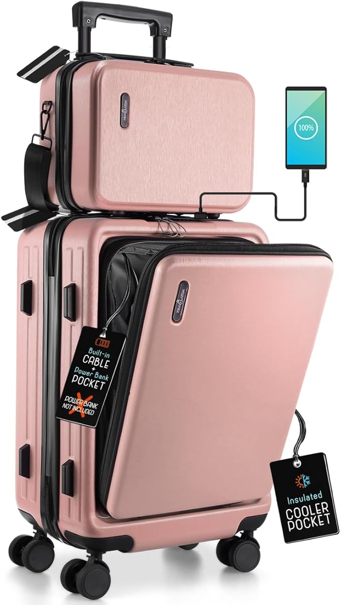 TRAVELARIM 20 Inch Carry On Luggage 22x14x9 Airline Approved, Carry On Suitcase with Wheels, Hard-shell Carry-on Luggage, Durable Luggage Carry-On, Pink Small Suitcase with Cosmetic Case