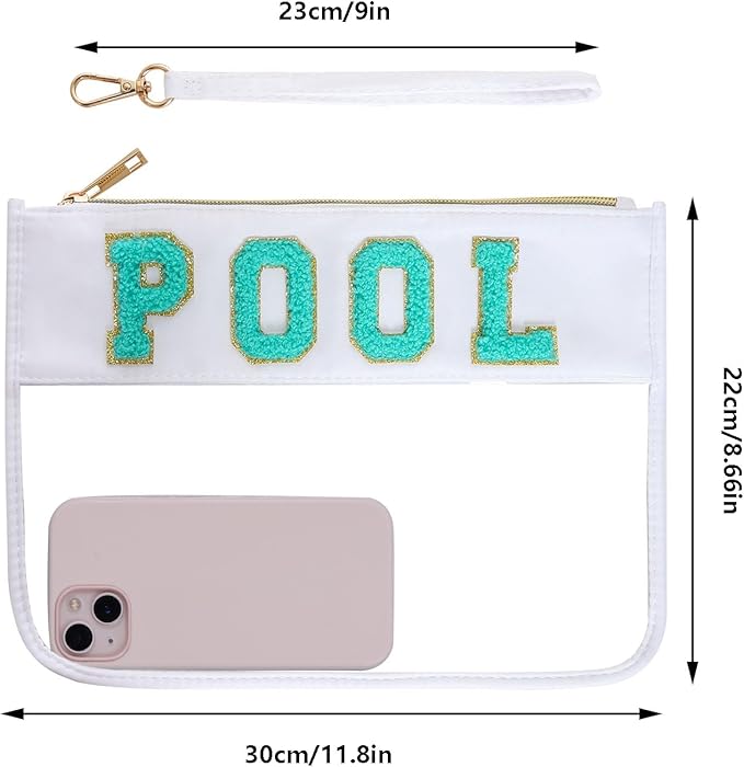 Chenille Letter Bag, Multi-purpose Nylon Clear Makeup Cosmetic Bags Flat Pouches with Zipper for Travel, Gym, Beach (White-Pool)