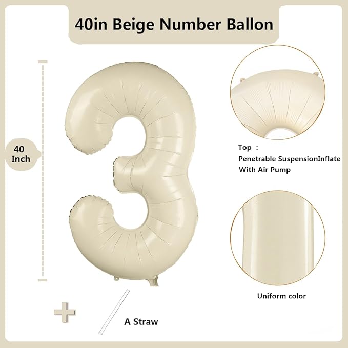 40 inch Cream White Number Balloon Giant Foil Helium Balloons Beige Number 3 Balloon for 3rd Birthday Party Anniversary Decorations Supplies