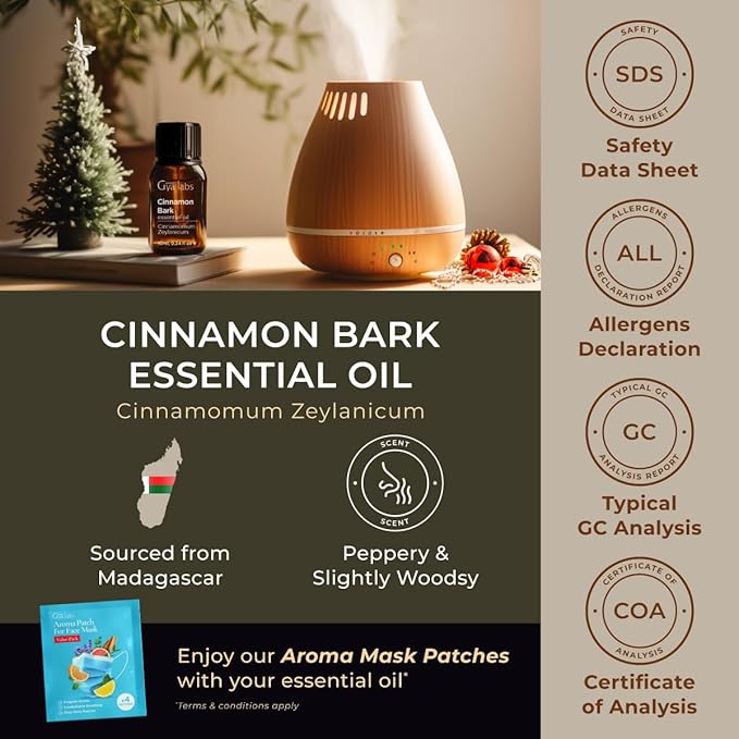 Gya Labs Cinnamon Bark Essential Oil - 0.34 Fl Oz - for Hair, Skin, Diffuser, Aromatherapy & DIY Candle Making Scent
