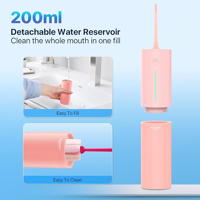 Bigsmile Pink Water Flosser Powerful Cordless Dental Irrigator for Kid Braces Travel Shower to Help Prevent Infections and Bad Breath Pick Floss IPX7 200ML (Pink)