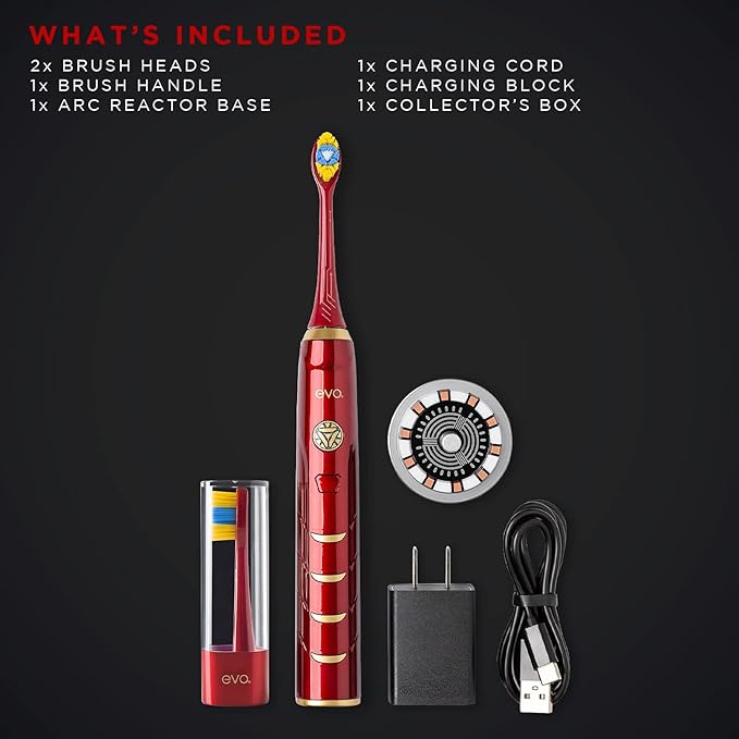 evo IRM-1 Iron Man Rechargeable Sonic Toothbrush, Marvel Electric Toothbrush for Adults, Soft Brushes for Adults with 2-Minute Timer, Replacement Heads & Charger Included
