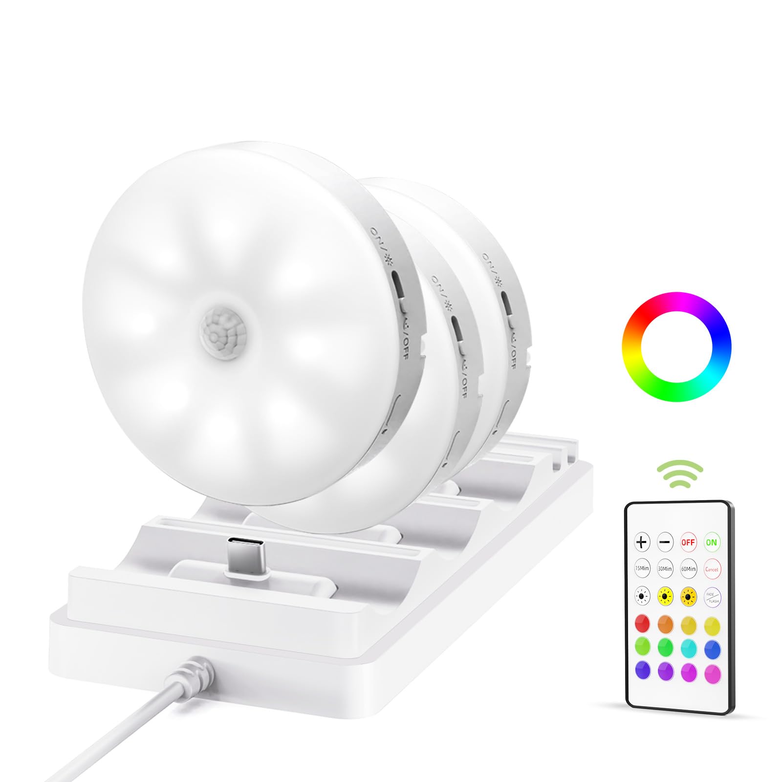 EZVALO Under Cabinet Lighting with Charging Station, 1000mAh Rechargeable Puck Lights with Remote, 3 Color Temps & 12 RGB Closet Lights, Dimmable Motion Sensor Lights for Shelf, Kitchen (3 Packs)