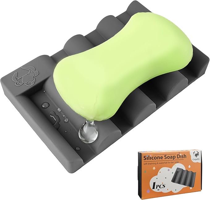 Silicone Soap Dish, Self Draining Soap Holder Perfect for Shower, Bathroom Sink, Kitchen Sink & Travel, Non-Slip Bar Soap Holder Extend Soap Life, Keep Soap Bars Dry Clean & Easy Cleaning (Grey-1PCS)
